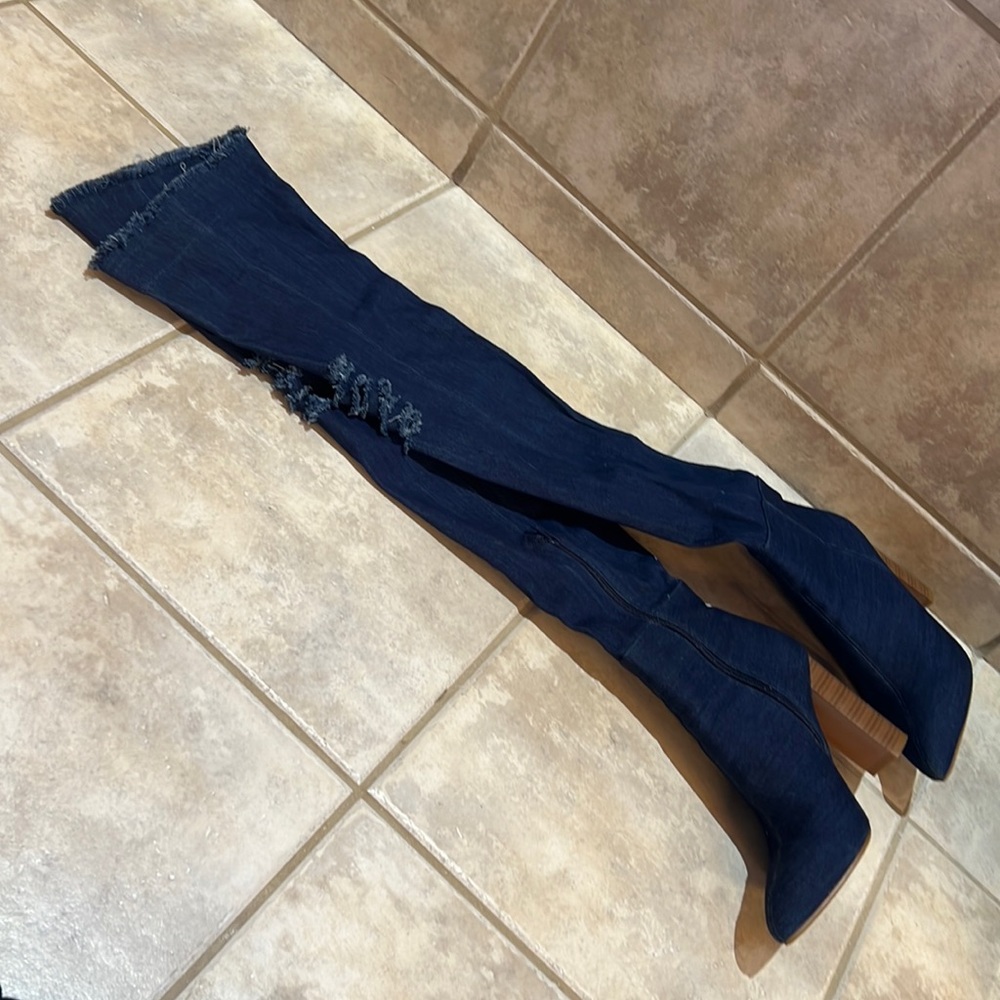 Denim over the knee heeled boots